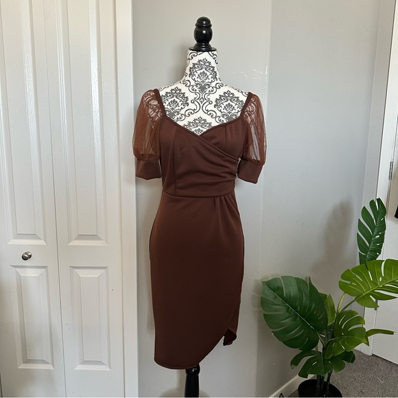 Brown Mesh Puff Sleeve Dress - Picture 1 of 4